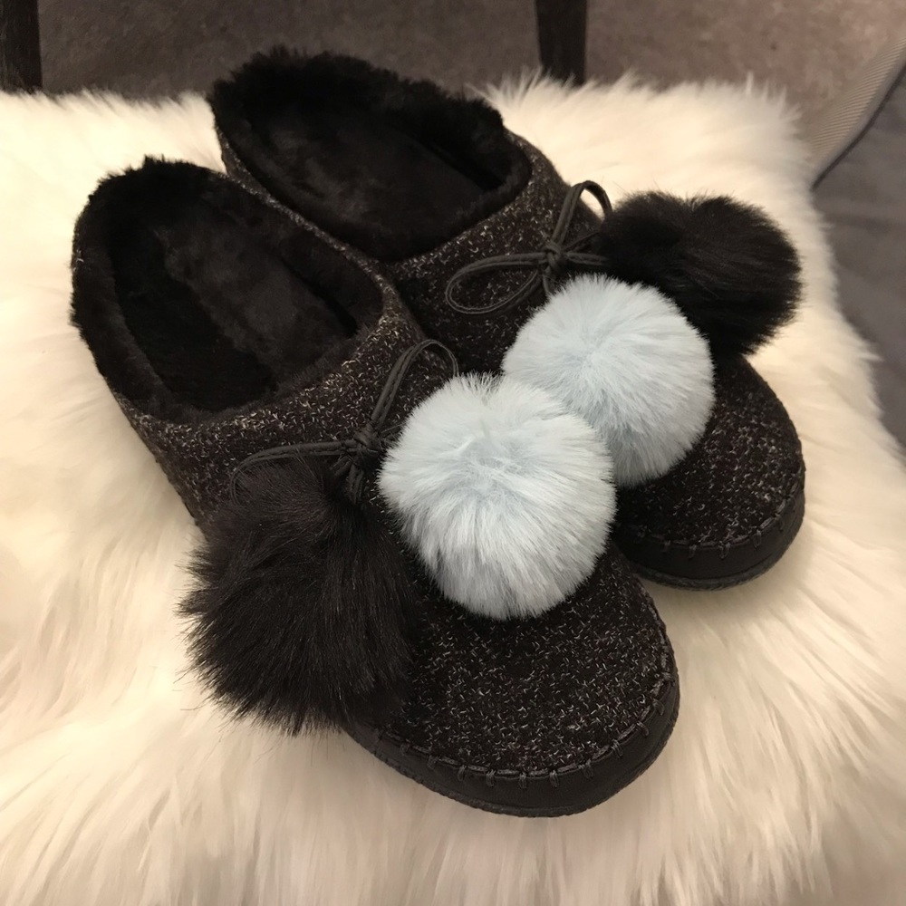 Tom’s Black Felt Pom Pom Women’s Ivy Slippers Sz 9